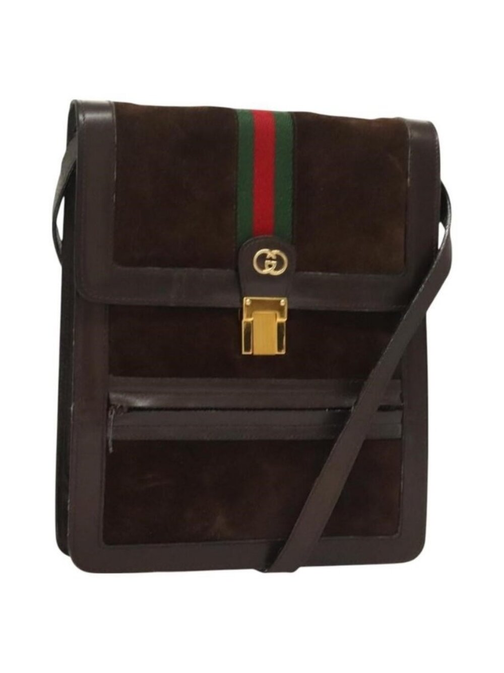 Authentic GUCCI GG Canvas Web Sherry Line Bag Suede Leather Dark Brown gold